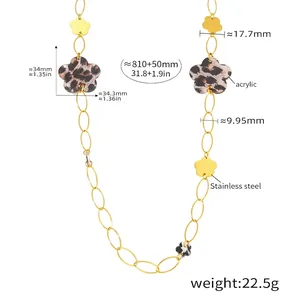 Detailed technical drawing of leopard print flower necklace showing measurements and length