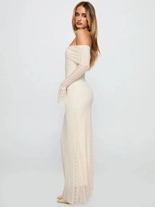 Off-shoulder long sleeve lace maxi dress in cream white with a side view profile