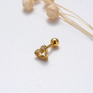 Golden heart-shaped stainless steel ear stud with zircon stones and screw ball back