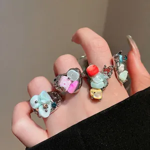 Irregular Flower Open Ring With Shell And Rhinestone Inlaid Adjustable Alloy Finger Jewelry Vintage Bohemian Style For Women