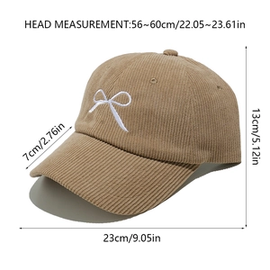 Size chart for brown corduroy baseball cap with bow embroidery, showing 56-60cm circumference