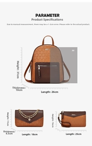 Detailed view of 3-piece brown backpack set with dimensions and material texture