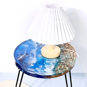 Creative ocean style round side table with blue epoxy resin waves and metal legs