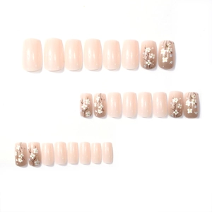 24pcs nude pink press-on nails with white floral patterns and square shape design