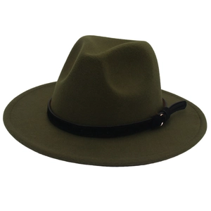 Side view of an olive green wide brim wool fedora hat with a black leather band