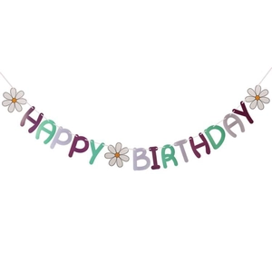 Colorful Happy Birthday banner with forest leaves and daisy flowers on white background