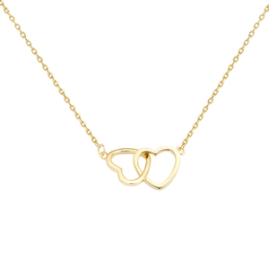 Minimalist gold interlocking double heart pendant necklace on a delicate O-chain