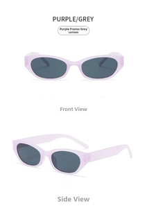 Front and side views of purple translucent oval sunglasses with dark grey lenses