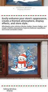 Close-up of Christmas snowman and tree window decals for festive glass door decoration