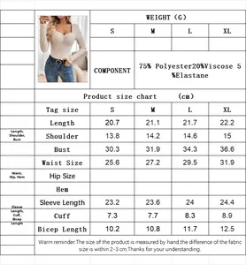 Detailed size chart for women's knit top showing S to XL measurements and material info