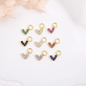 Mini V-Shaped Heart Pendant Charms Copper 18K Gold Plated Colorful Cubic Zirconia For DIY Necklace Earring Making Accessory