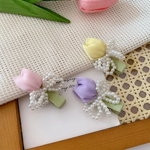 Set of tulip flower hair clips with pearl bows in yellow, pink and purple fabrics