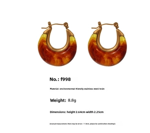 Detail view of U-shaped amber resin earrings with 18K gold-plated stainless steel hardware