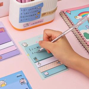 Cute animal index stickers and square sticky notes set with a pen on pink desk