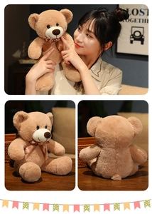 Detailed views showing a plush light brown teddy bear with a silk ribbon bow and soft fur