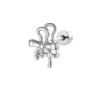 Polished silver metallic bow knot cartilage stud earring with screw back on white background