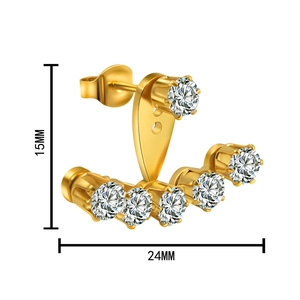 18K gold plated stainless steel zircon stud earrings with curved five-crystal design