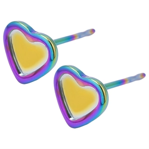 Detail view of heart-shaped rainbow stainless steel earrings with yellow center finish