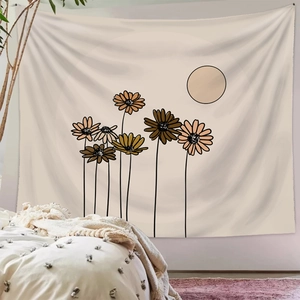 Minimalist boho sun and daisy flower tapestry for aesthetic bedroom wall decor