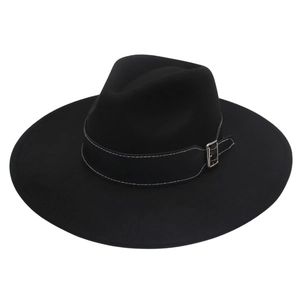 Detail of black wool fedora featuring white contrast stitching and a silver metal buckle