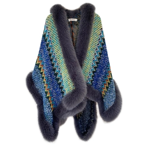 Women's wave-knit shawl poncho with luxury grey faux fox fur collar and trim
