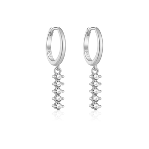 S925 Sterling Silver hoop earrings with five dangling cubic zirconia stones on white background