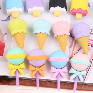Detailed view of colorful dessert-shaped erasers including ice cream cones and lollipops