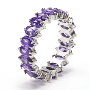 Eternity ring with marquise-cut purple stones in silver finish stainless steel band