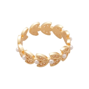 Adjustable golden wheat ear ring with pearls in a minimalist laurel wreath leaf design