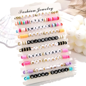 Multilayer bohemian Taylor Swift Eras Tour beaded bracelet set with polymer clay and gold beads