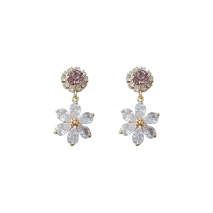 Sweet pink zircon flower earrings with gold metal plating and crystal drops on white background