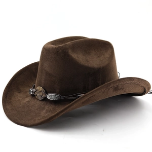 Chapeau de cowboy en daim marron foncé avec bande tressée et ornements en métal argenté