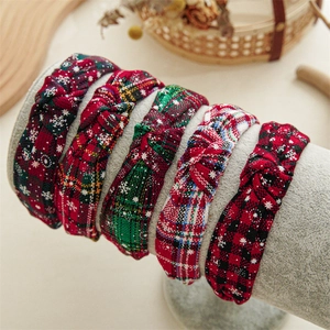 Set of five Christmas plaid knotted wide headbands with white snowflake prints