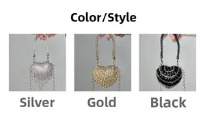 Detailed comparison of heart-shaped evening bags in silver, gold, and black rhinestone finish