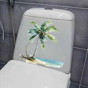 Waterproof self-adhesive toilet lid sticker with tropical ocean and coconut tree beach design