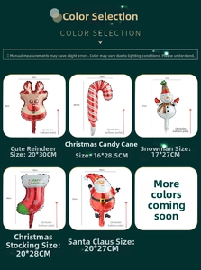 Size chart for 5 Christmas balloon styles including Santa, Reindeer, and Snowman