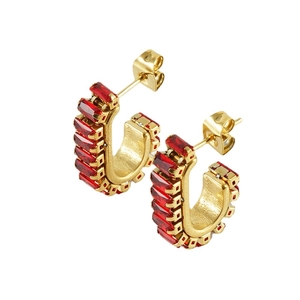 French vintage style C-shaped gold hoop earrings with rectangle red zircon stones