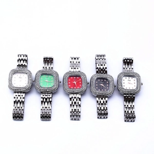 Detailed display of square diamond quartz watches in five vibrant dial color variants