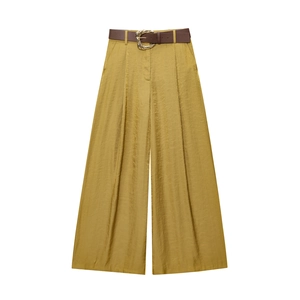 Pantalon large moutarde taille haute pour femme avec ceinture marron et boucle dorée