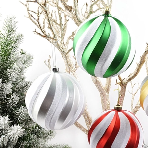 Festive 15cm striped Christmas balls in red, green, gold, and silver on golden branches