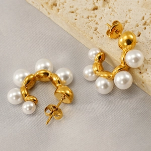 French vintage titanium steel hoop earrings with elegant white freshwater pearls