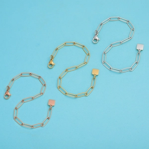 Gold, silver and rose gold paperclip link bracelets with square charm and lobster clasp