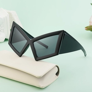 Oversized matte black cat eye sunglasses with sharp geometric frames and cream case