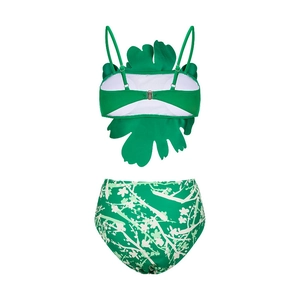 Detail of green bikini set featuring 3D leaf floral applique and plum blossom print