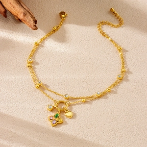 Gold double-layer stainless steel anklet with colorful zircon clover and heart charms