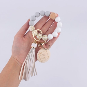 Silicone beaded wristlet keychain with leopard print, tassel, and MAMA wood charm