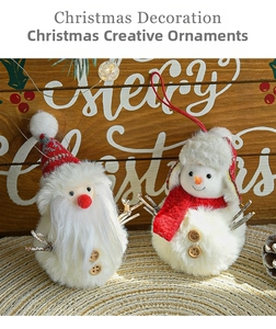 Detail of plush Santa and snowman ornaments with red knit hats and wooden buttons