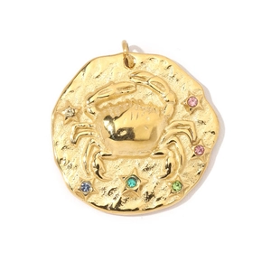 Detail of 18K gold titanium steel Cancer zodiac pendant with colorful rhinestones