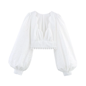 Blouse Blanche Femme Broderie Anglaise Manche Lanterne Col En V Bordure Festonnée Style Français Élégant Hauts