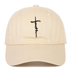 Beige cotton baseball cap with black Faith cross embroidery and curved brim in 45-degree view